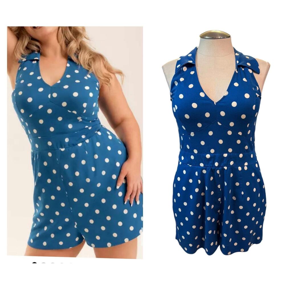Torrid Size 12 Retro Chic Blue Polka Dot Challis One Piece Shorts Pin Up Romper